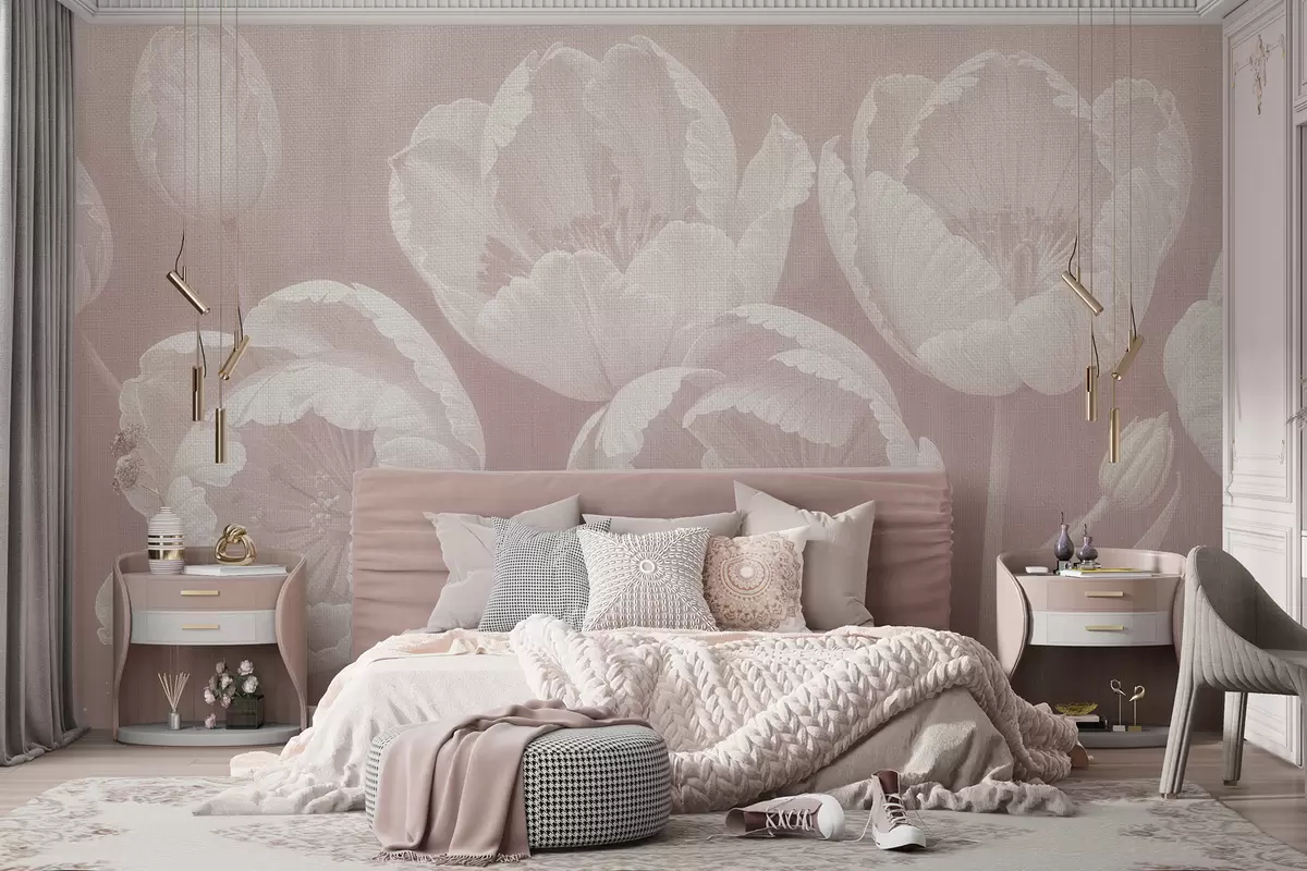 murales de pared Dibujo de tulipanes blancos con fondo beige difuminado con textura de lienzo suave, impresión monocromática minimalista w08193