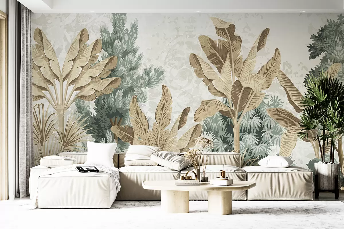 murales de pared Un estampado de follaje tropical exuberante con hojas verdes y marrones, palmeras y otras plantas exóticas. w08200