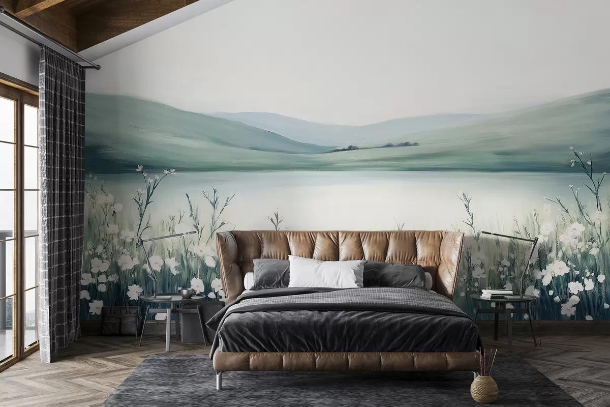 murales de pared Prado de flores, paisaje natural, lago, paleta de colores verde y azul.  w01387v1