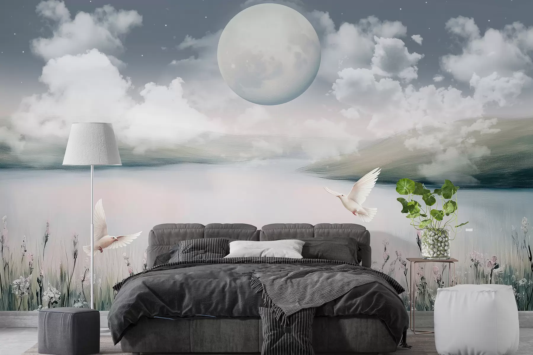 murales de pared Hermoso paisaje con lago, prado de flores, luna en el cielo estrellado nocturno, pájaros voladores, nubes w01389