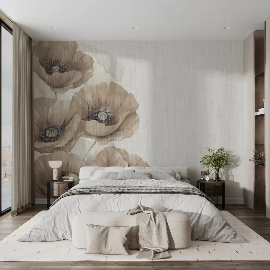 murales de pared Amapolas marrones grandes sobre un fondo claro w01400