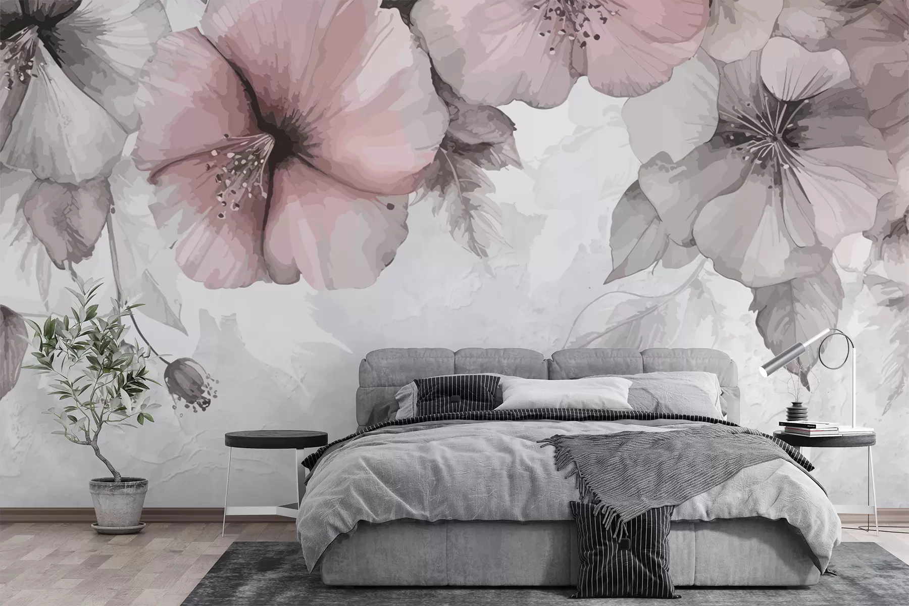 murales de pared Grandes flores de color gris rosado sobre un fondo de hormigón w01401v1