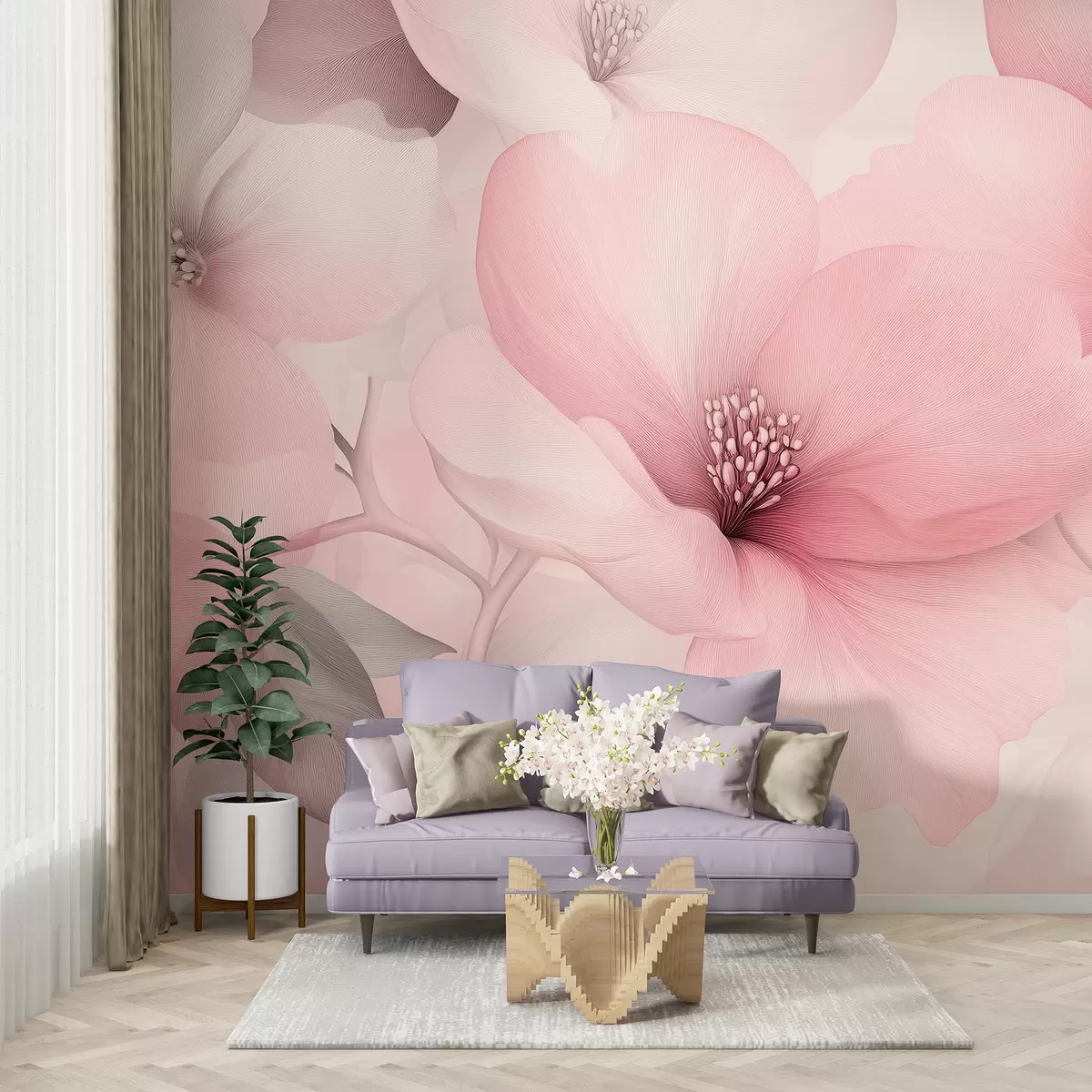 murales de pared Flores acrílicas, composición floral, naturaleza, colores rosa pastel w01447v1