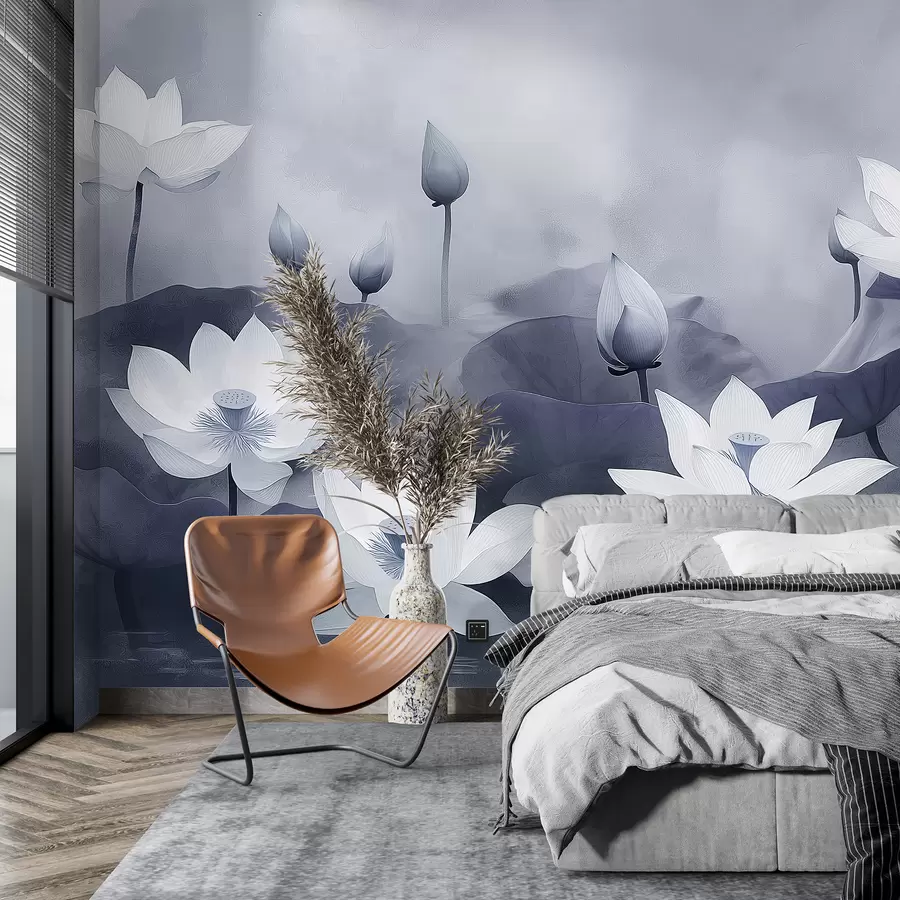 murales de pared Lotos en el lago, naturaleza, niebla, dibujo acrílico, hojas grandes, jungla, colores grises suaves w01450v1