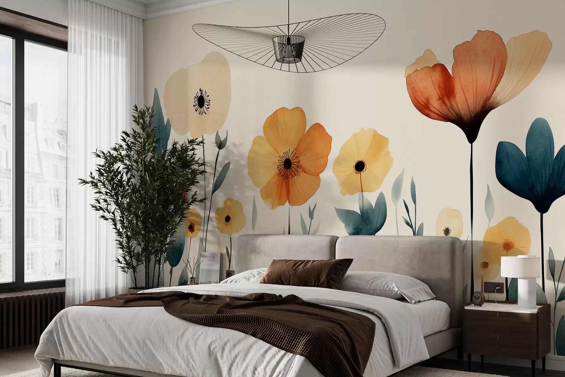 murales de pared Acuarela de flores de prado, rústica, composición floral, dibujo sencillo, beige, naranja, azul  w01453