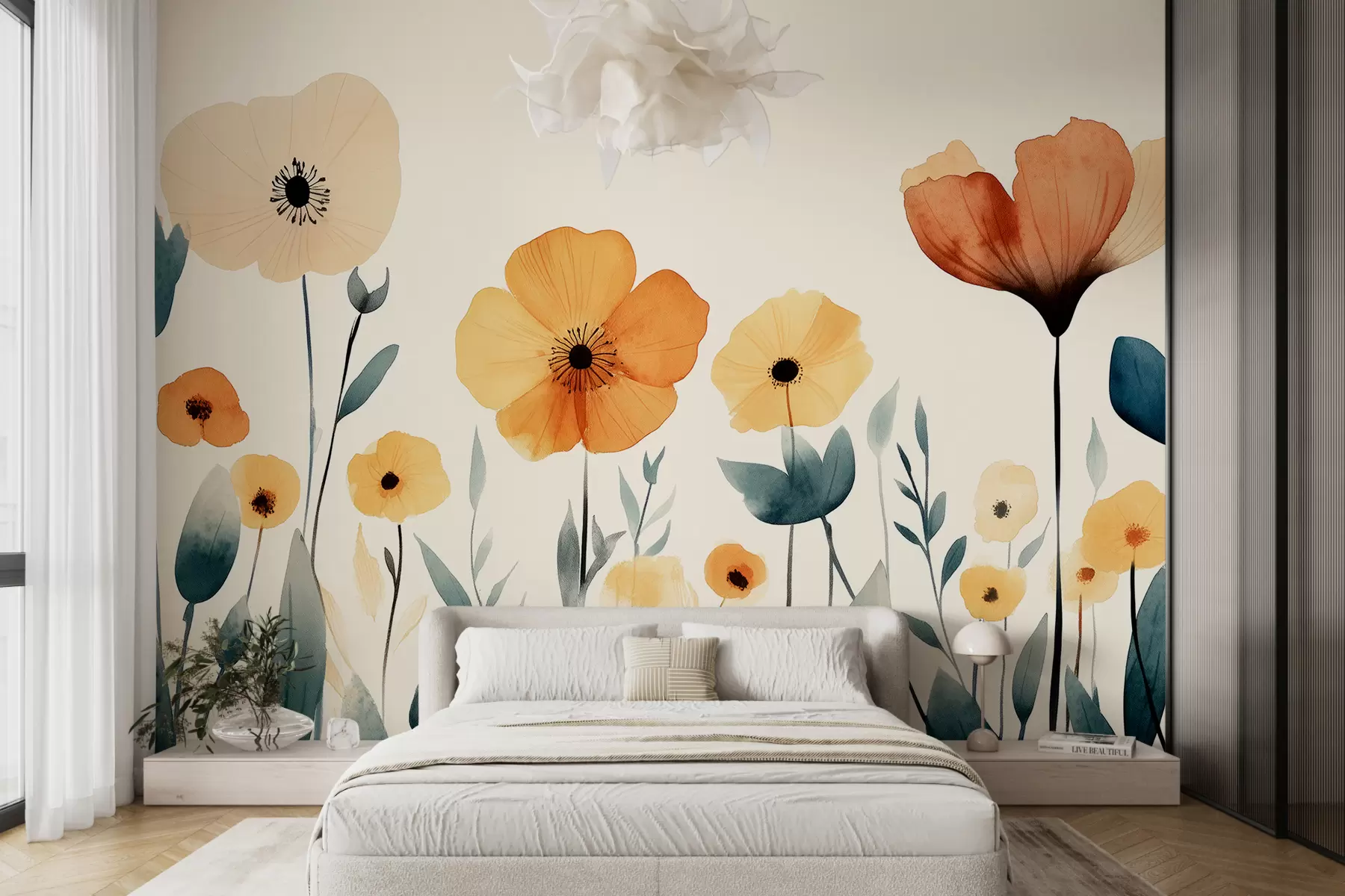 murales de pared Acuarela de flores de prado, rústica, composición floral, dibujo sencillo, beige, naranja, azul  w01453