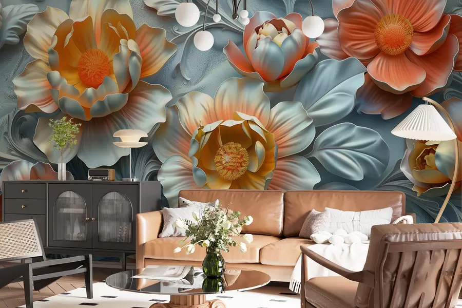 murales de pared Ilustración 3D de flores abstractas brillantes en estilo barroco sobre un fondo vegetal w01427