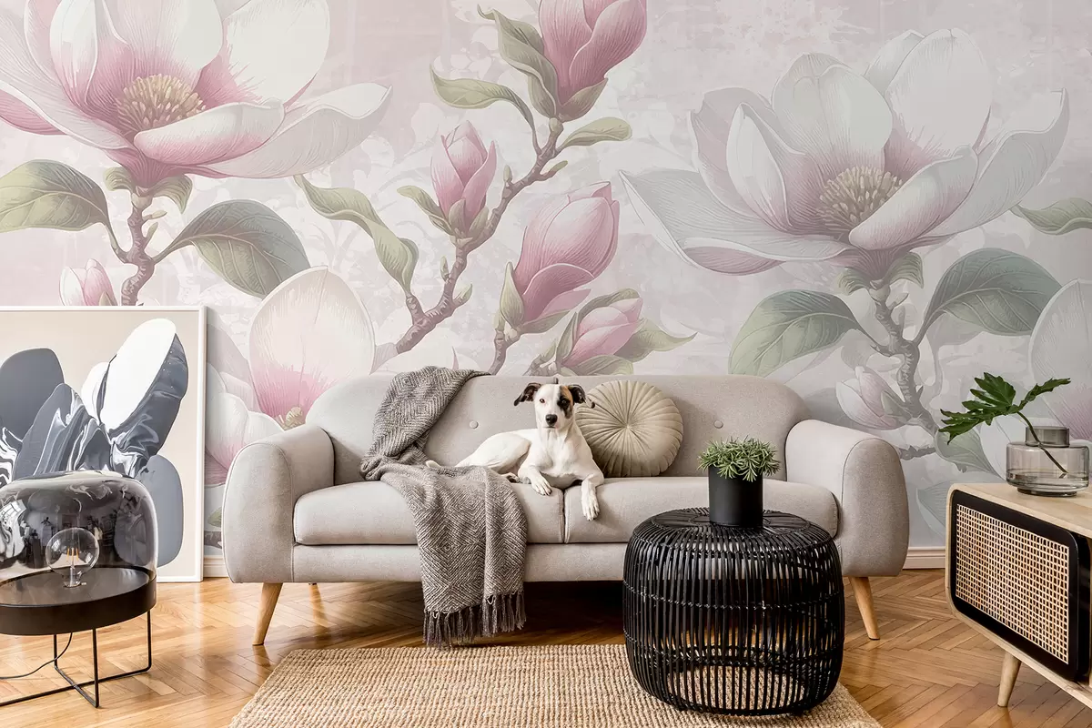 murales de pared Delicadas flores de magnolia rosa en plena floración sobre un fondo suave y borroso. w08216