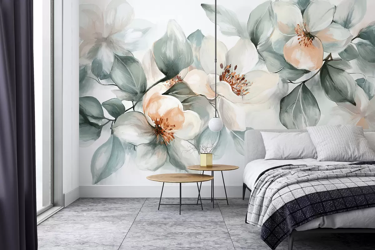 murales de pared Delicadas flores de magnolia blancas y rosas con hojas verdes suaves sobre un fondo claro. w08220