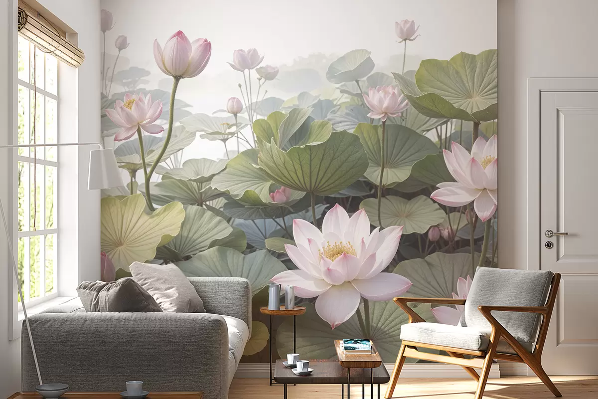 murales de pared Flores de loto rosas y blancas con grandes hojas verdes, rodeadas de un fondo atmosférico y brumoso. w08221