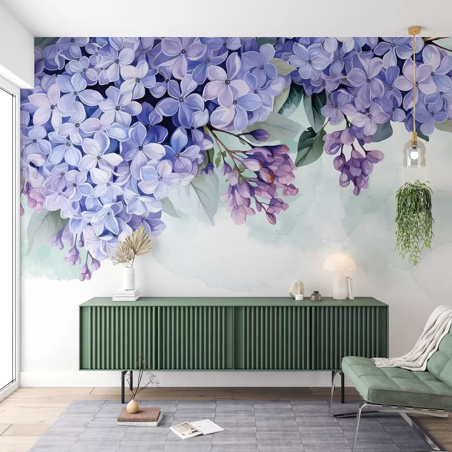 murales de pared Flores de hortensia de color púrpura vibrante con hojas verdes, que llenan el marco contra un fondo suave y borroso w08223
