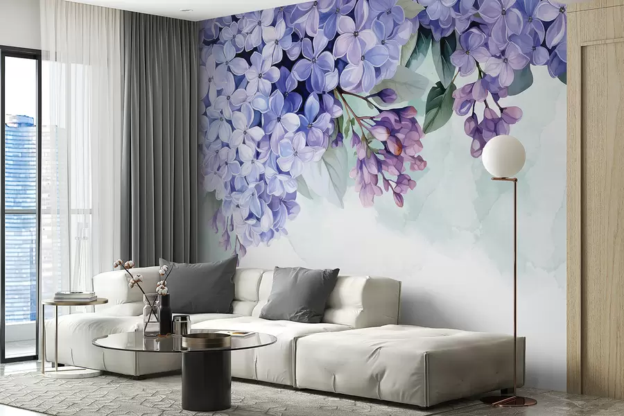 murales de pared Flores de hortensia de color púrpura vibrante con hojas verdes, que llenan el marco contra un fondo suave y borroso w08223