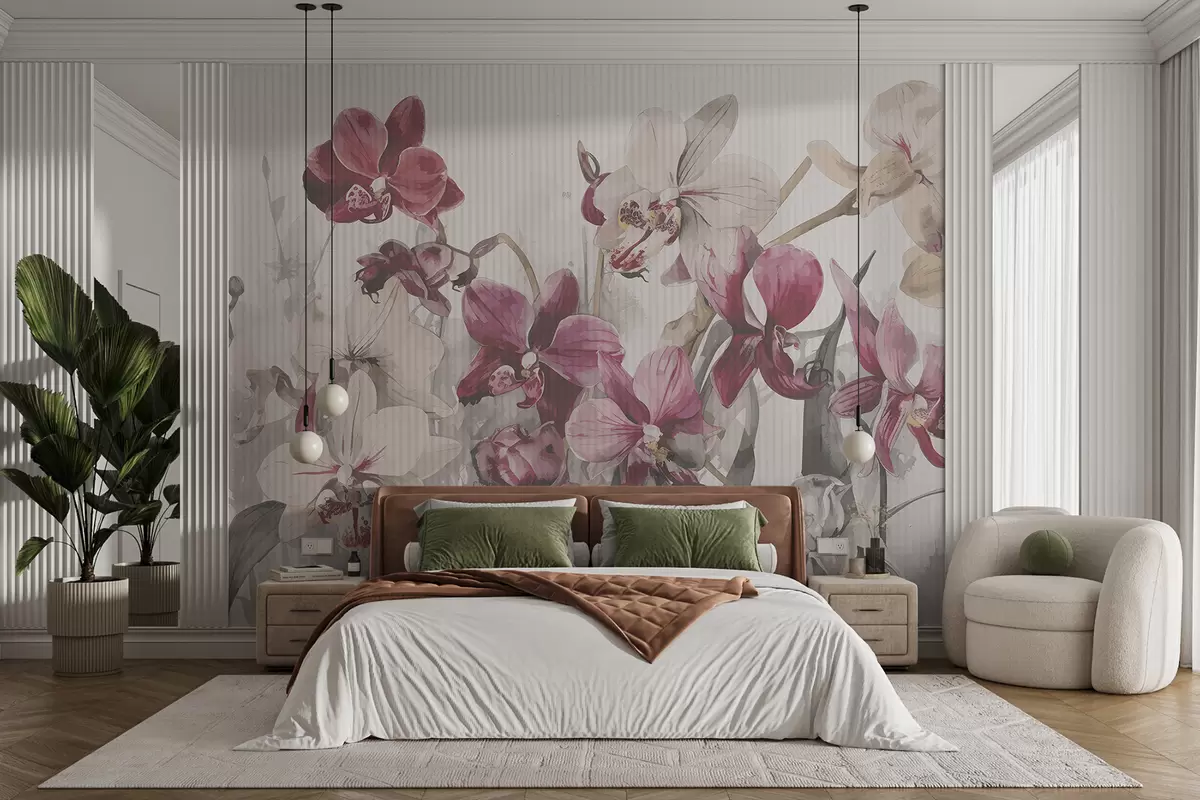 murales de pared Flores de orquídeas blancas y rosas vibrantes sobre un fondo con textura de acuarela clara w08225