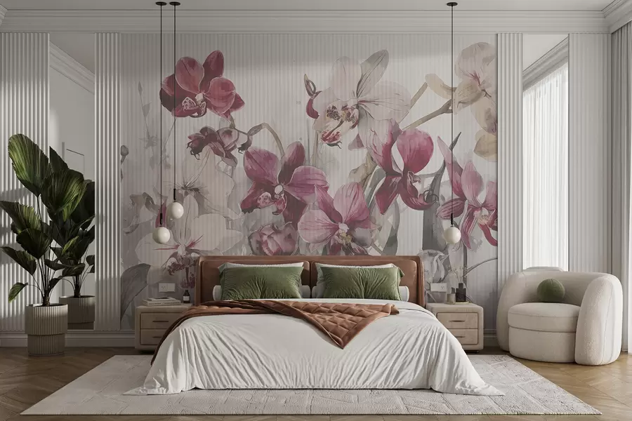 murales de pared Flores de orquídeas blancas y rosas vibrantes sobre un fondo con textura de acuarela clara w08225