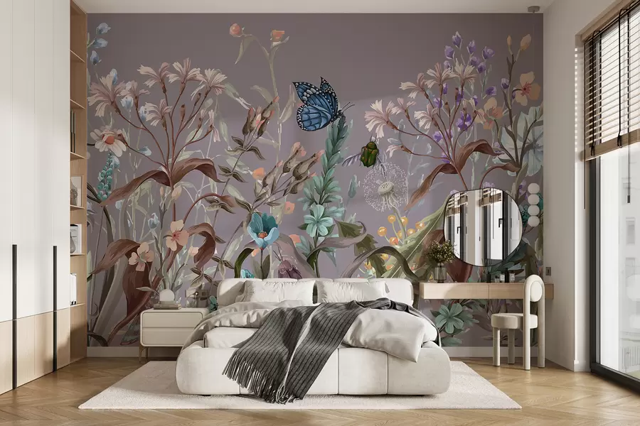 murales de pared Una colorida ilustración violeta de una escena de jardín exuberante y florido con insectos en un estilo fantástico y onírico. w08234v1