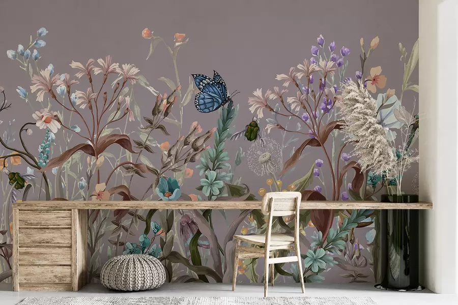 murales de pared Una colorida ilustración violeta de una escena de jardín exuberante y florido con insectos en un estilo fantástico y onírico. w08234v1