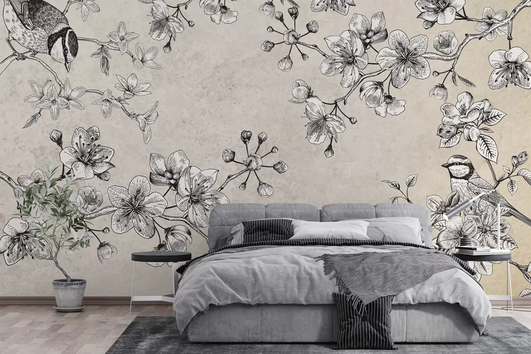 murales de pared ramas pintadas con flores y pájaros w00981