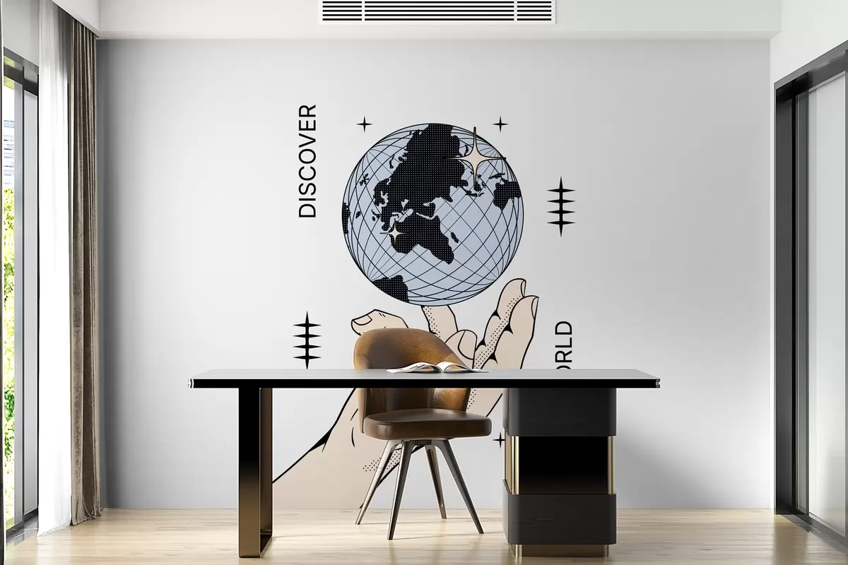 murales de pared Mano beige girando el globo sobre un fondo blanco para la decoración de la habitación o la oficina w00984