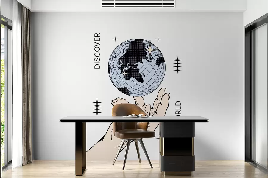 murales de pared Mano beige girando el globo sobre un fondo blanco para la decoración de la habitación o la oficina w00984