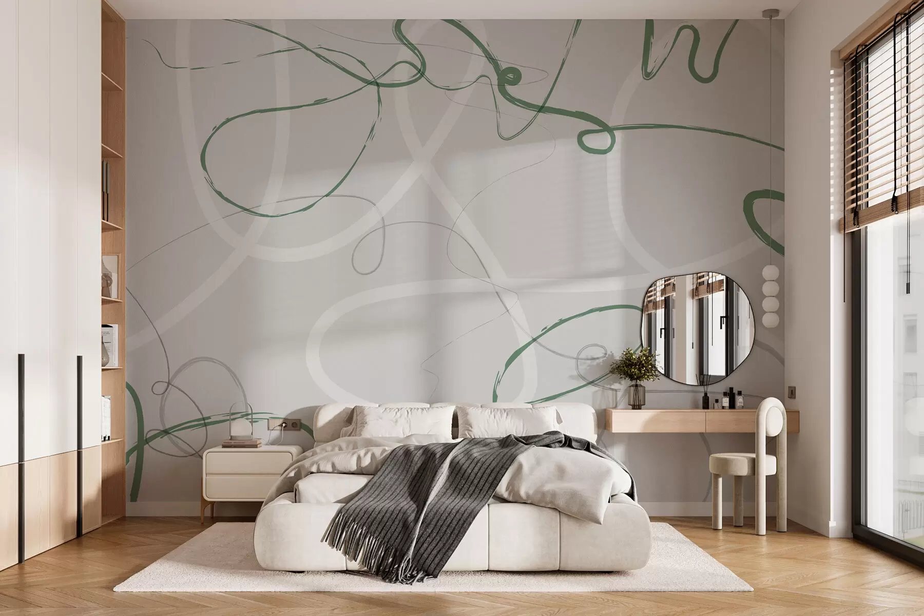 murales de pared Líneas verdes abstractas sobre un fondo gris w01455v1