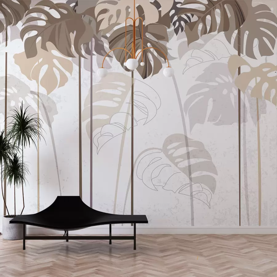 murales de pared Hojas de Monstera Tropics en tonos beige claro w01454