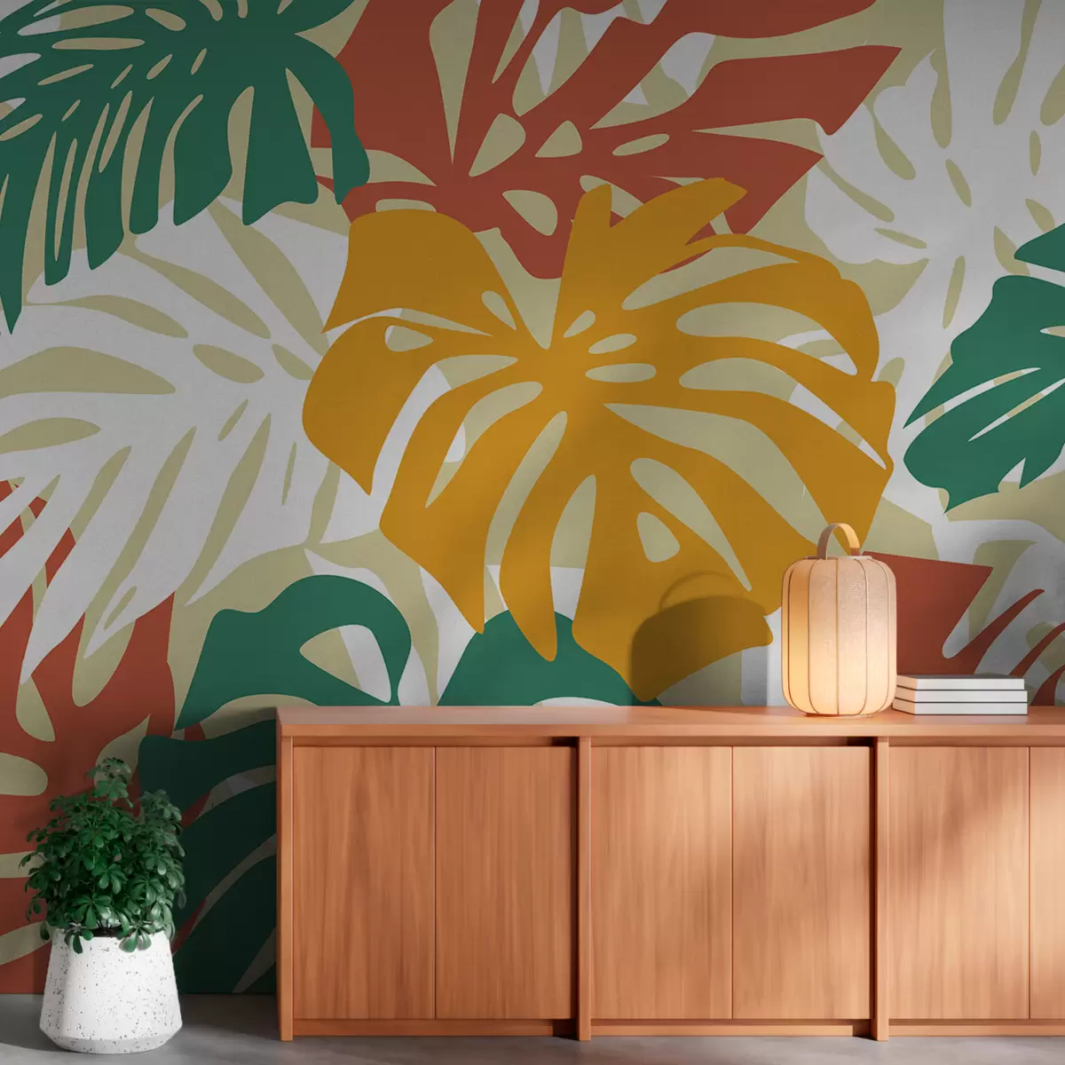 murales de pared Hojas de monstera tropical brillantes, tonos amarillos, beige, verdes y rojos. w01002v1