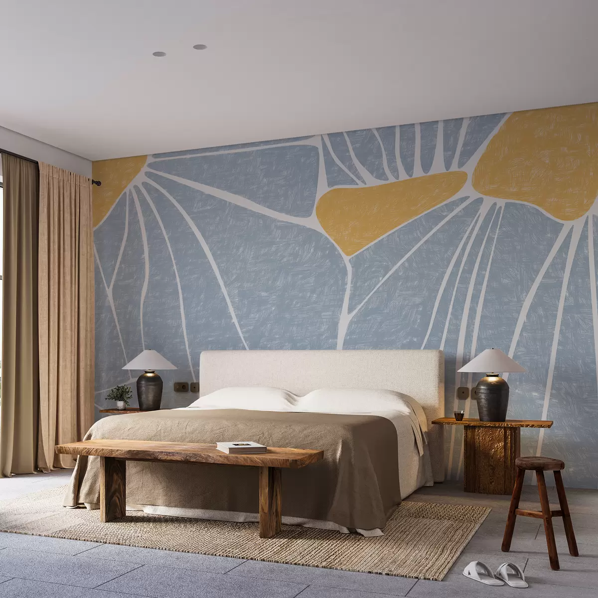 murales de pared Diseño floral abstracto, amarillo y azul, texturizado. w01007