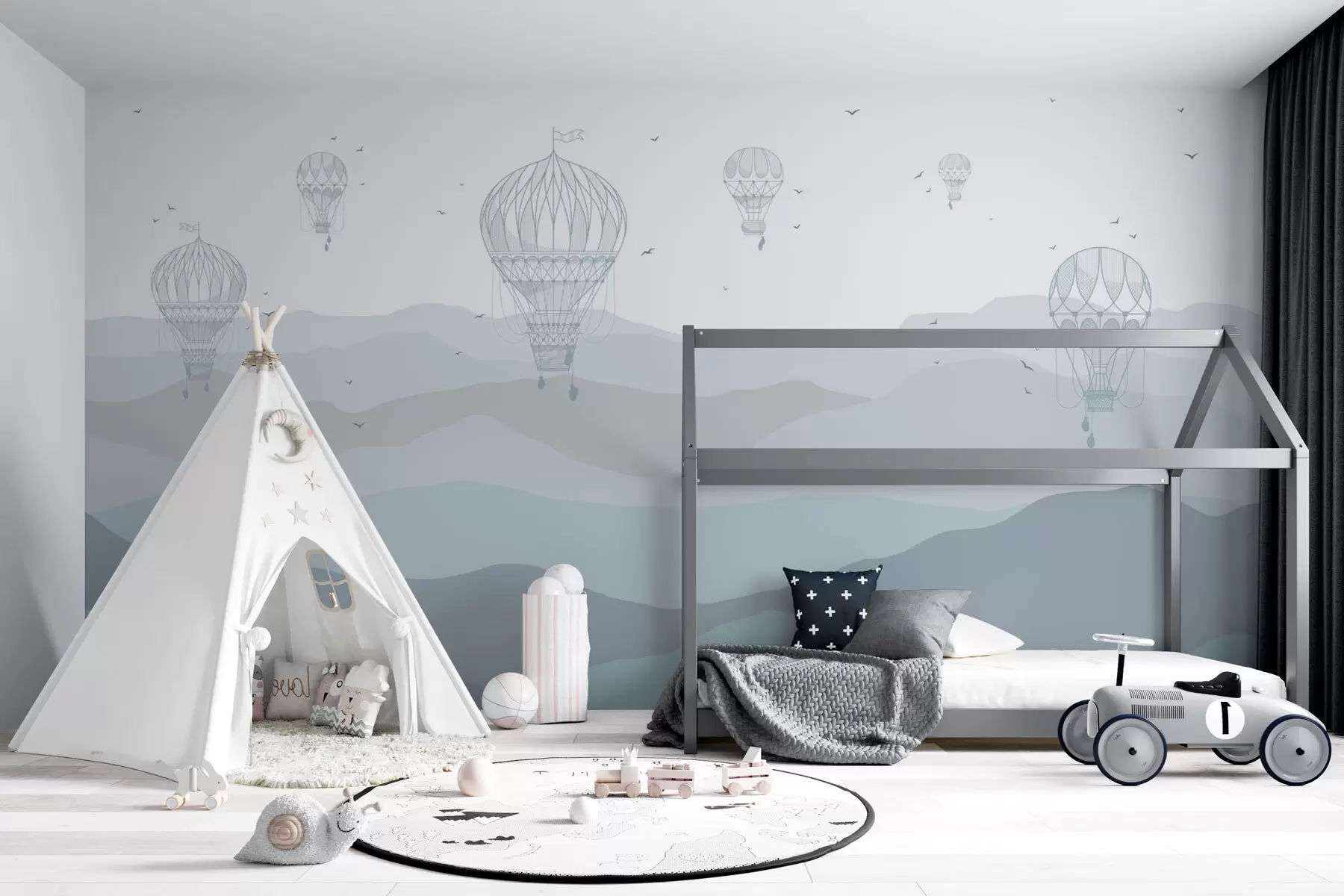 murales de pared Globos y montañas de color azul. w01462v2