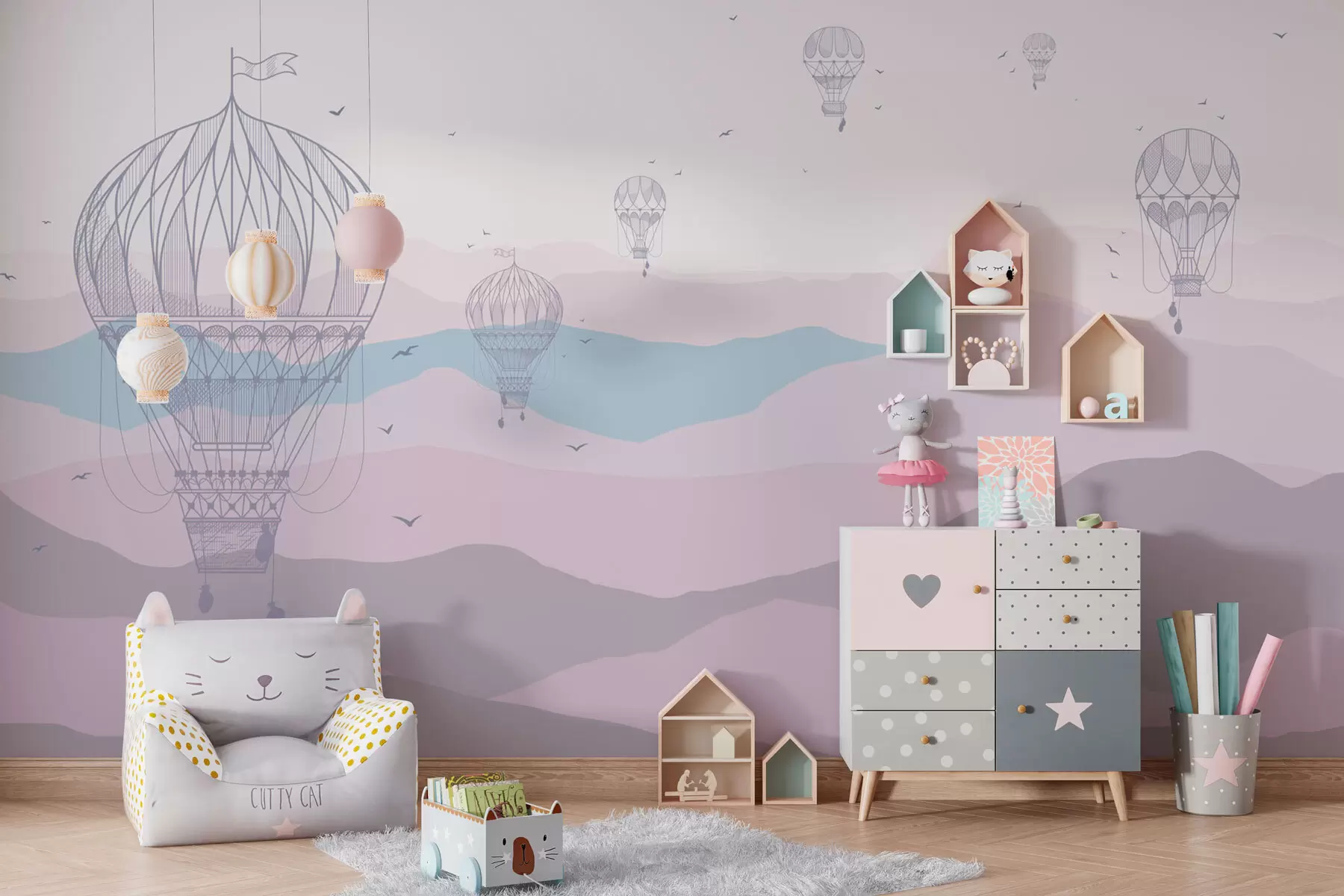 murales de pared Globos grandes y globos pequeños entre las montañas. w01463v1
