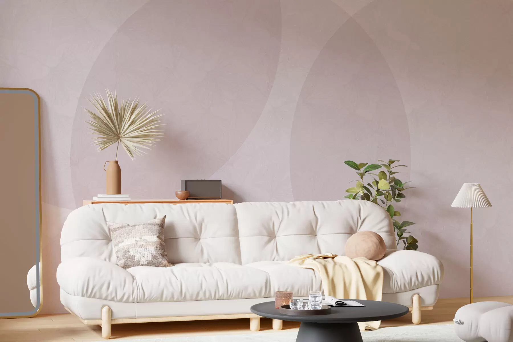 murales de pared Hojas de ginkgo en círculos de color rosa w01466v3