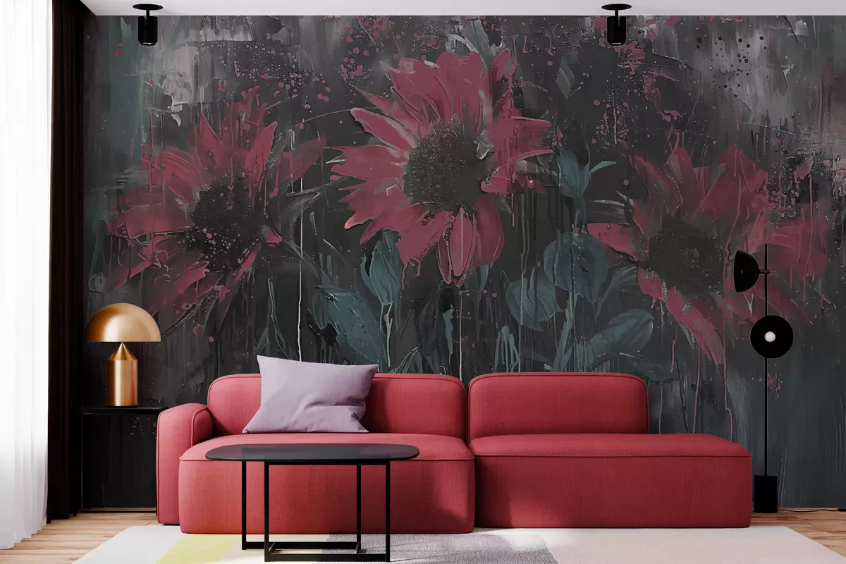 murales de pared Imagen abstracta de girasol, fondo gris oscuro y tonos rojo-rosados w01480v1