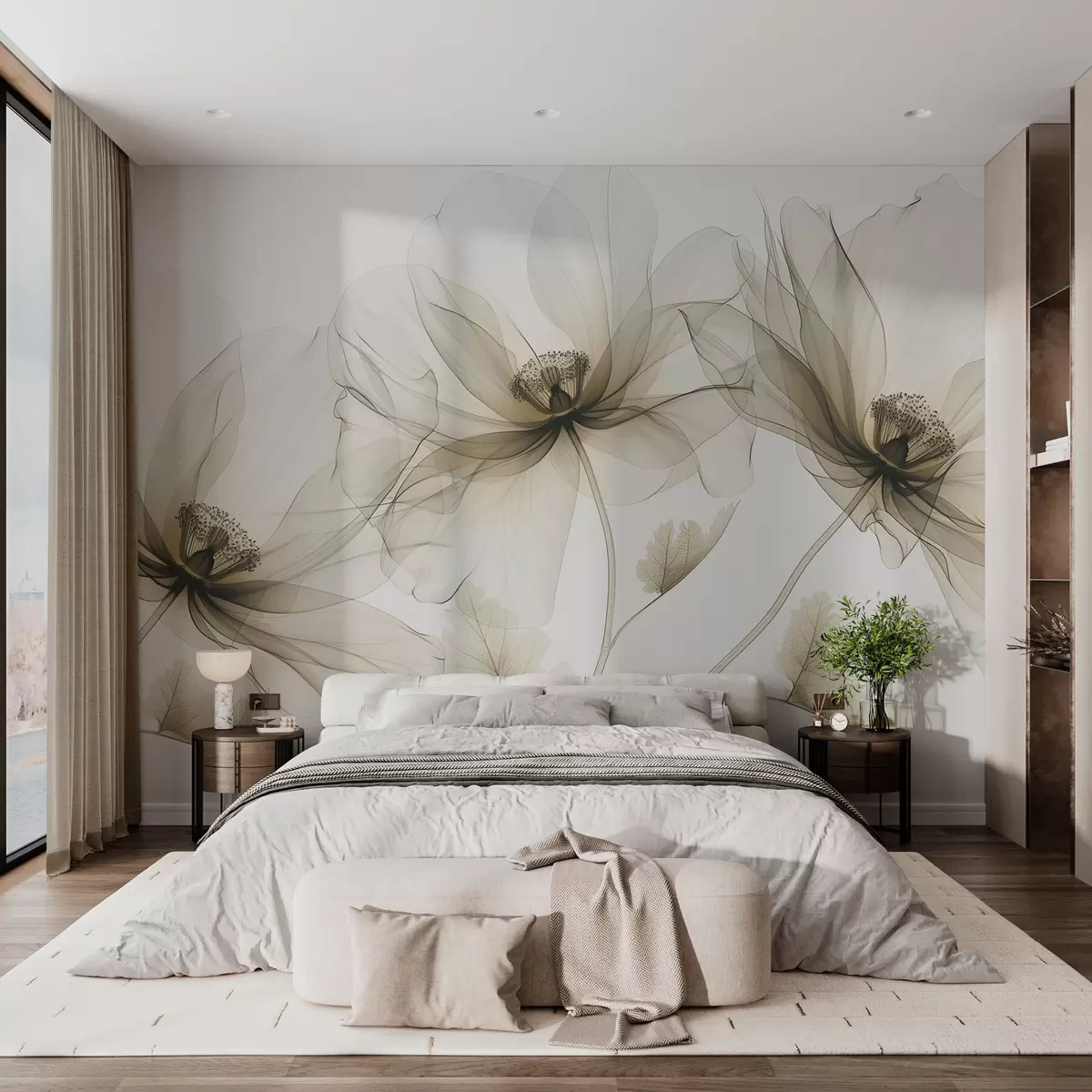 murales de pared Flor marrón transparente en estilo de rayos X sobre fondo blanco Diseño botánico monocromático minimalista w01482v2