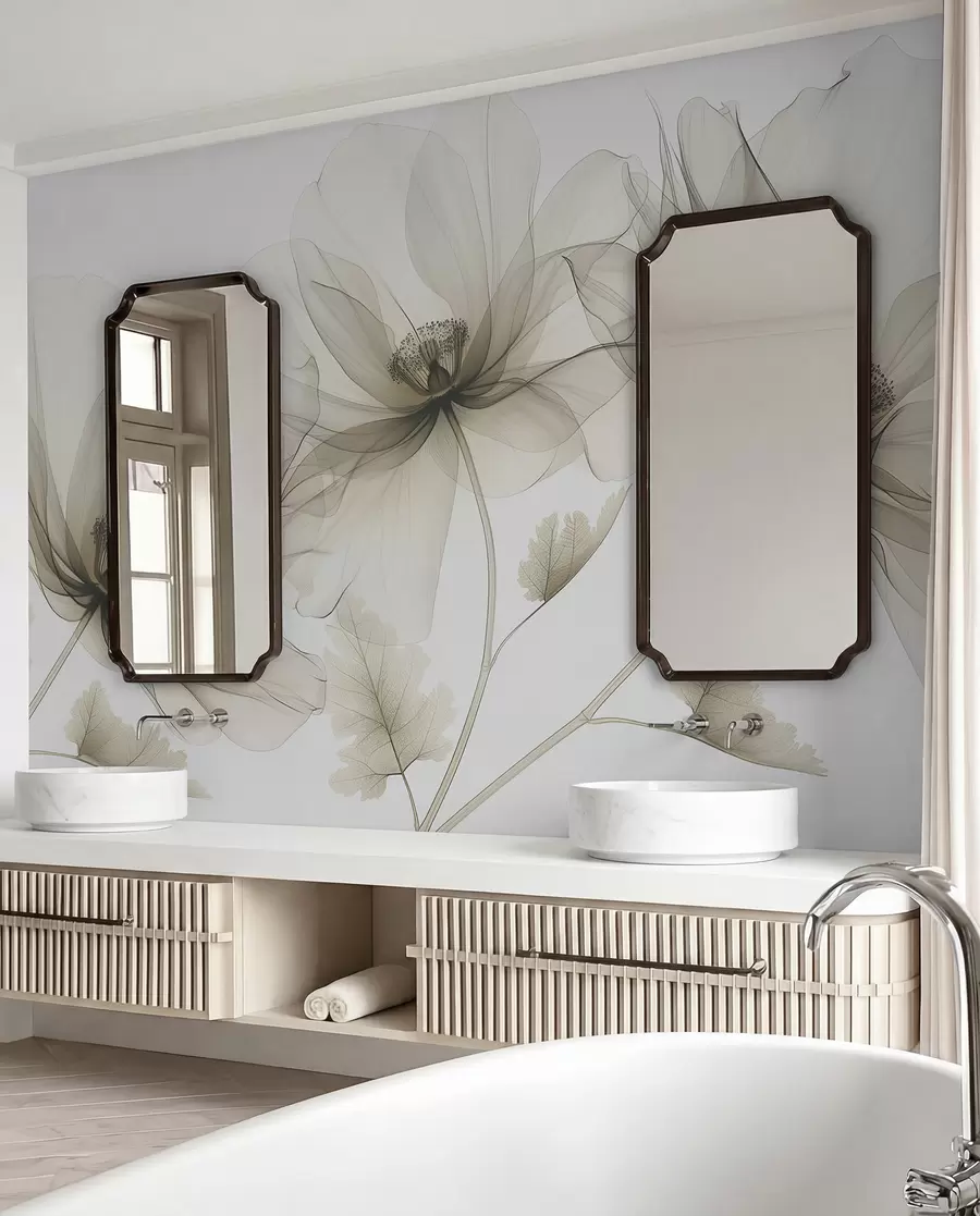 murales de pared Flor marrón transparente en estilo de rayos X sobre fondo blanco Diseño botánico monocromático minimalista w01482v2