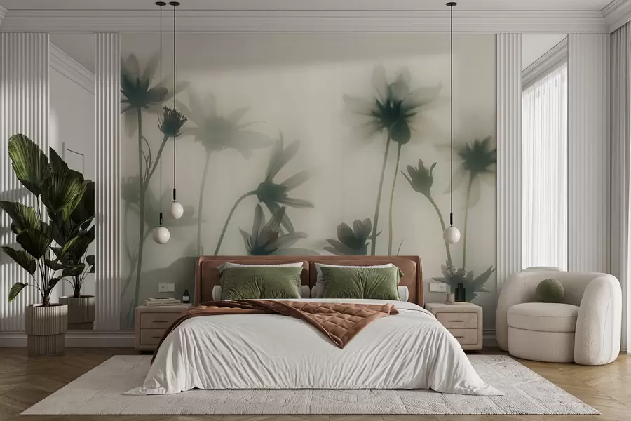 murales de pared Delicadas flores en la niebla en colores azules. w01468v1