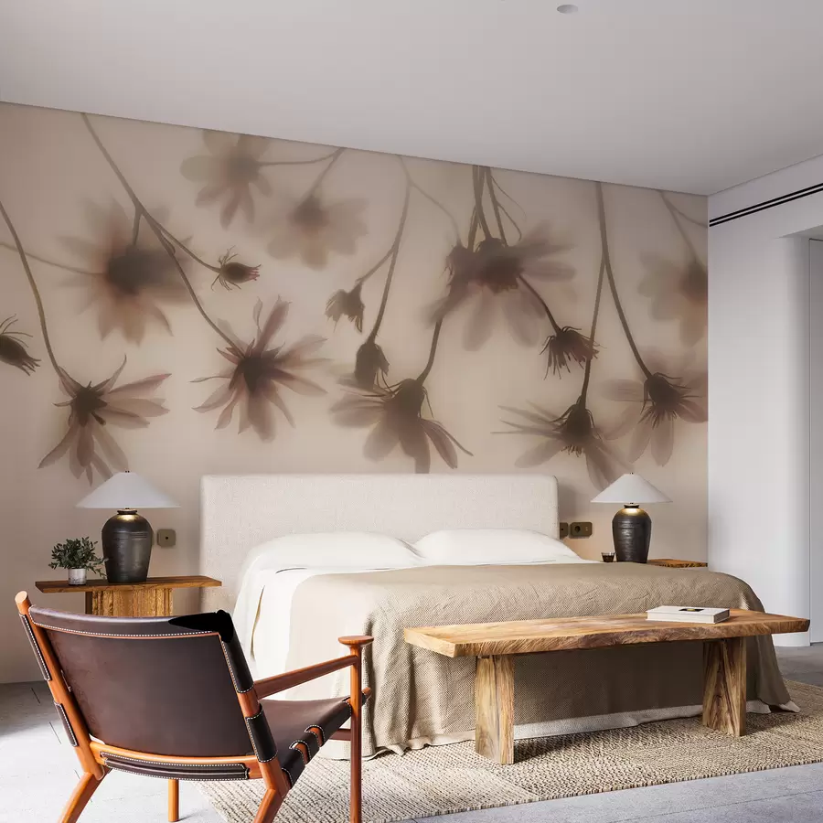 murales de pared Delicadas flores en la niebla colgando desde arriba en colores rosados w01469