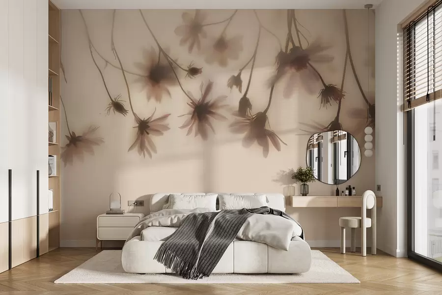 murales de pared Delicadas flores en la niebla colgando desde arriba en colores rosados w01469