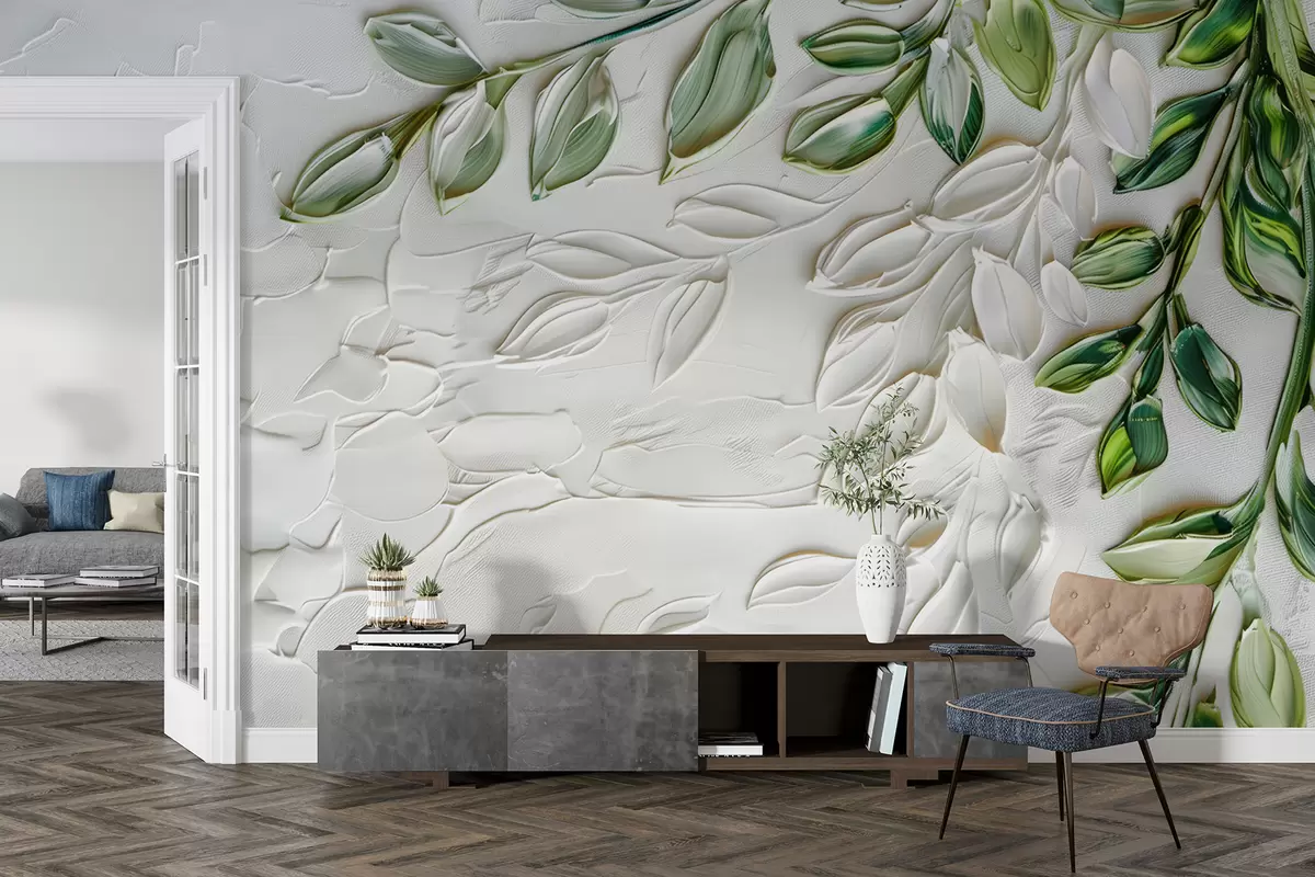 murales de pared Pintura al óleo 3D con rama verde sobre fondo blanco, diseño minimalista en estilo boho w01470