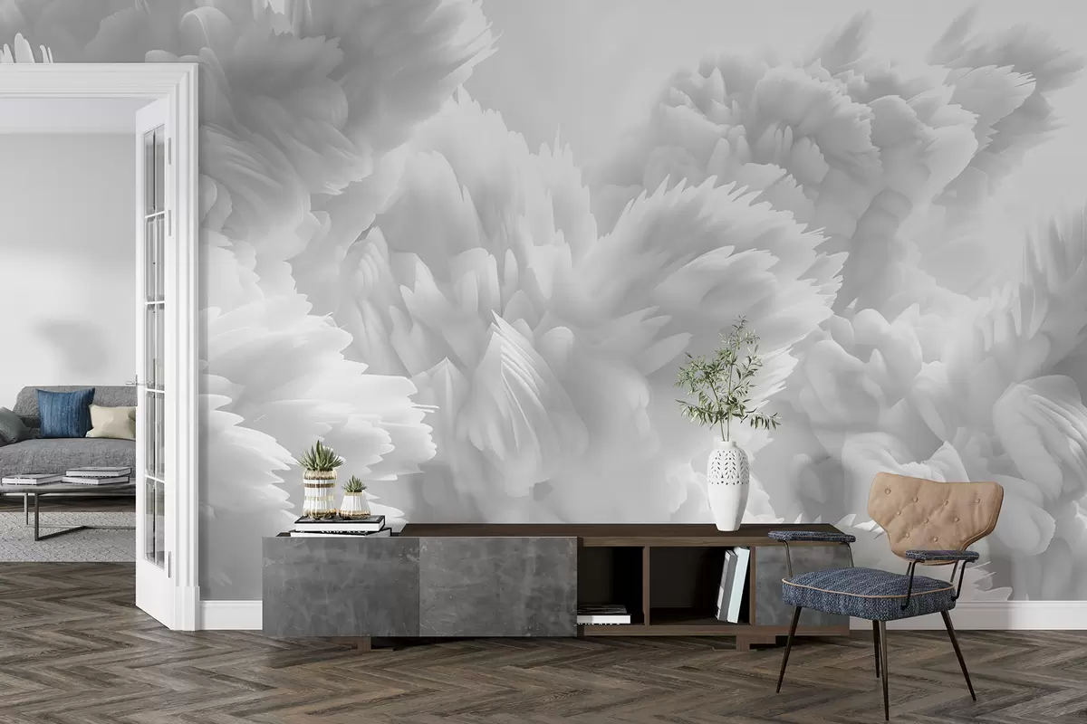 murales de pared Composición abstracta de cristales de nieve en un patrón de plumas de varias capas en una atmósfera etérea. w01474