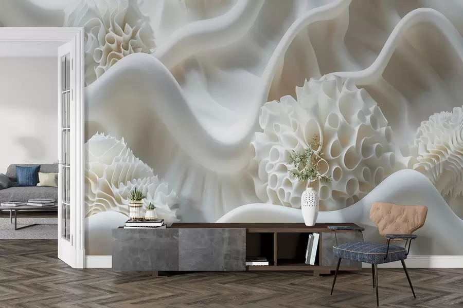 murales de pared Fondo abstracto ondulado de formas blancas en estilo 3D w01475