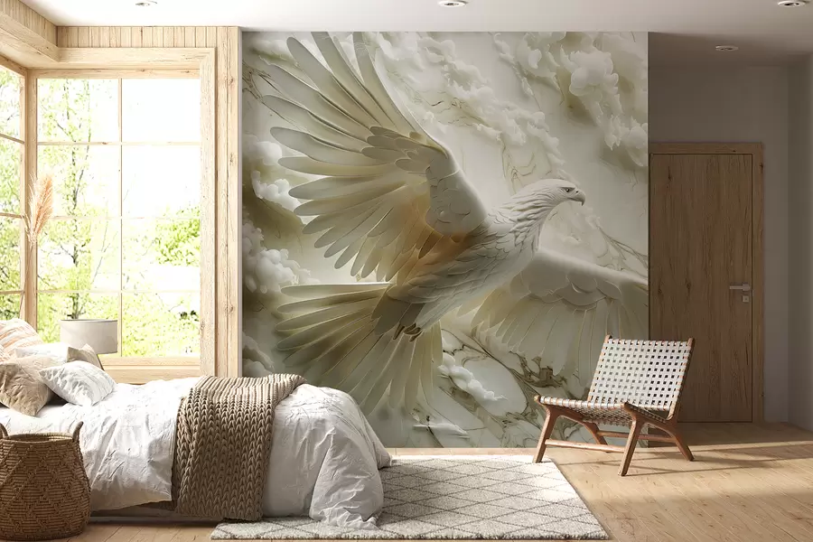 murales de pared Águila blanca 3D sobre un fondo de nubes y mármol w01477