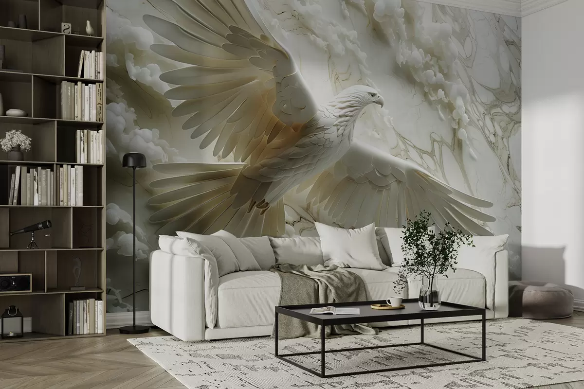 murales de pared Águila blanca 3D sobre un fondo de nubes y mármol. w01477