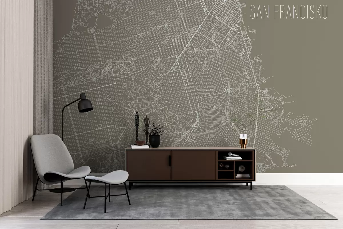 murales de pared Mapa ampliado Mural mural de la ciudad de San Francisco sobre fondo marrón  w01025v1