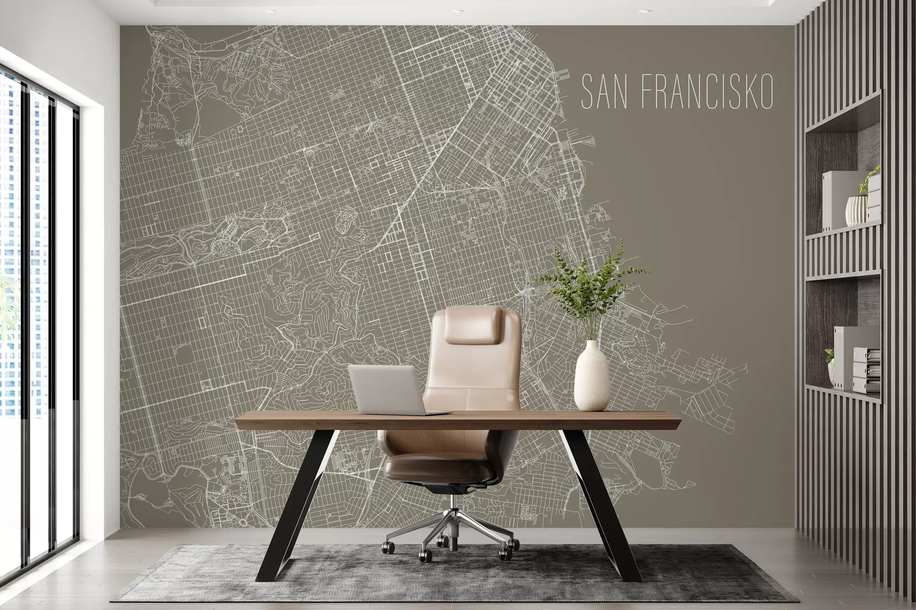 murales de pared Mapa ampliado Mural mural de la ciudad de San Francisco sobre fondo marrón  w01025v1