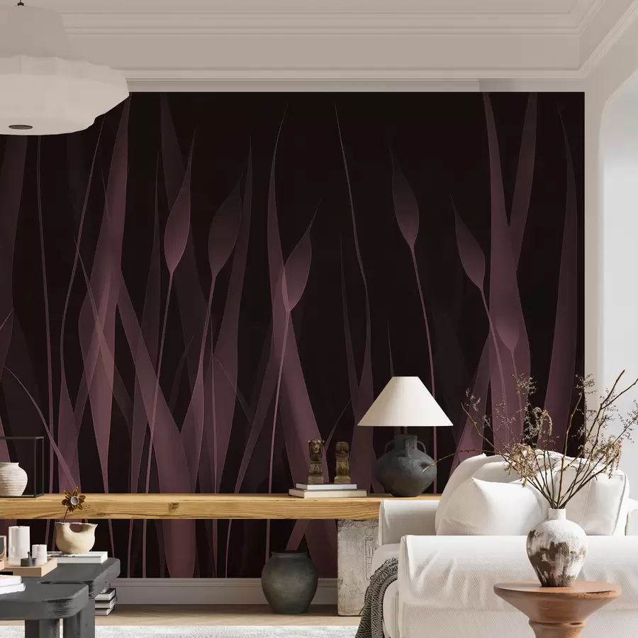 murales de pared Tiernas hojas rosadas sobre un fondo oscuro w01019