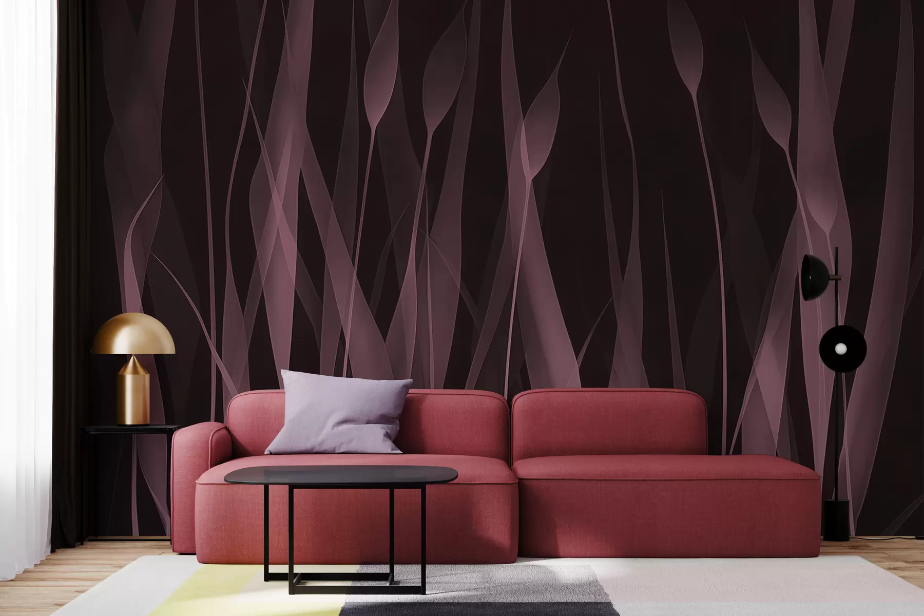 murales de pared Tiernas hojas rosadas sobre un fondo oscuro w01019