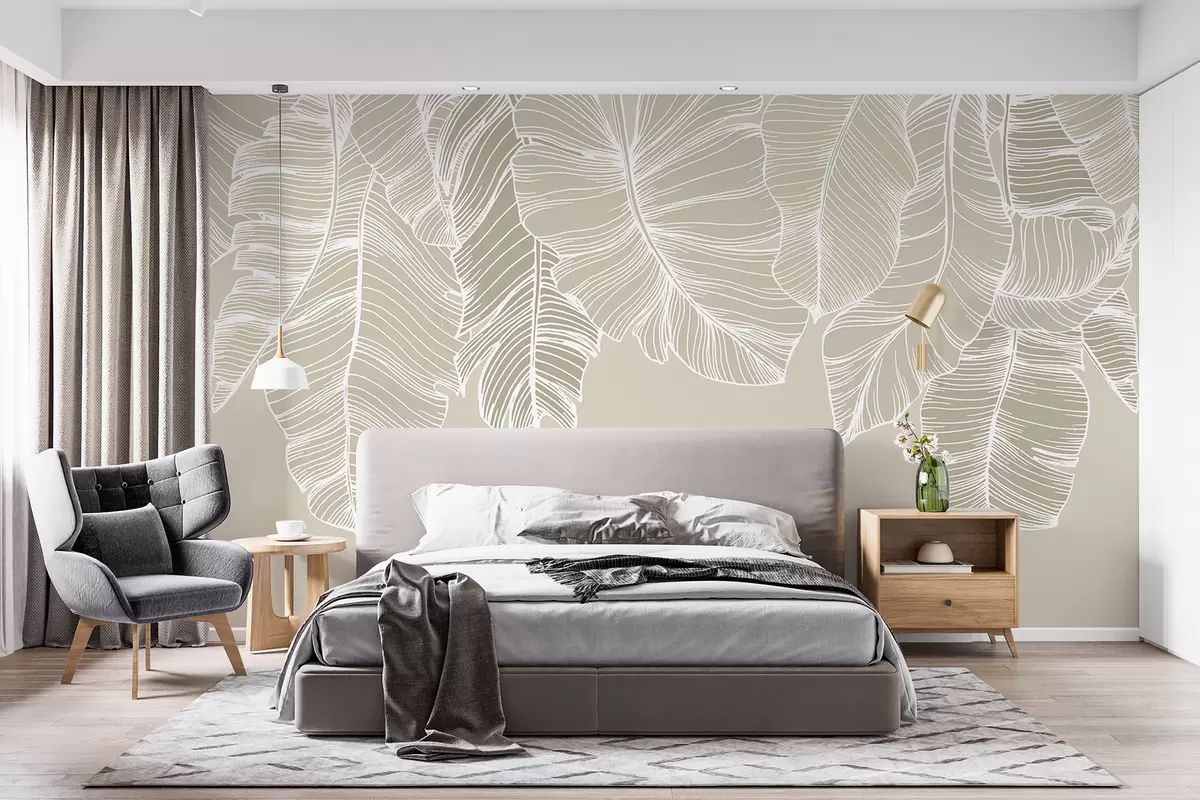 murales de pared Hojas florales tropicales blancas con fondo beige claro, diseño de arte lineal minimalista. w08235