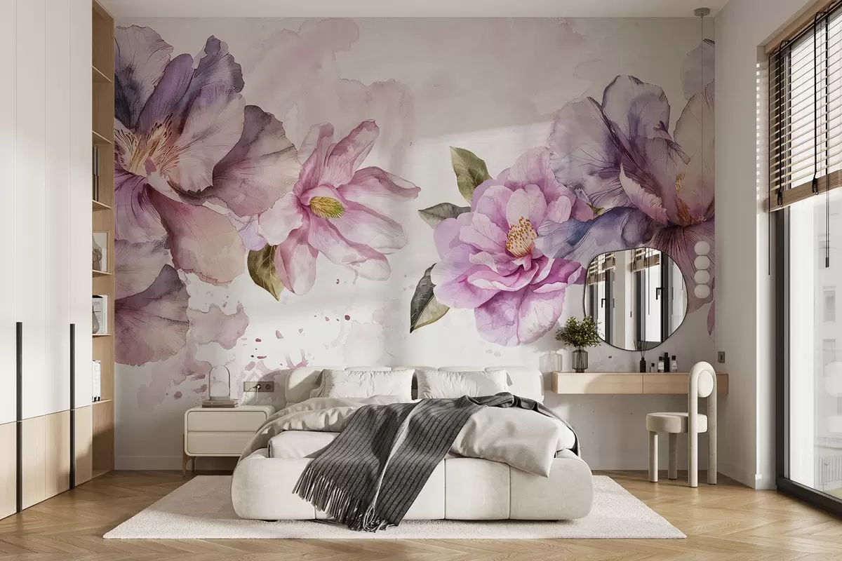 murales de pared Delicadas flores de acuarela de color rosa y morado con pétalos suaves y hojas verdes sobre un fondo claro. w08238