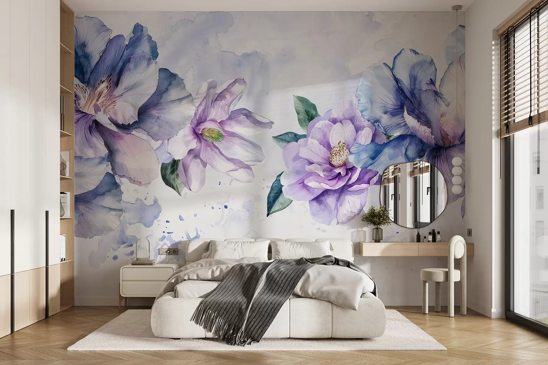 murales de pared Delicadas flores de acuarela de color azul y violeta con pétalos suaves y hojas verdes sobre un fondo claro. w08238v1