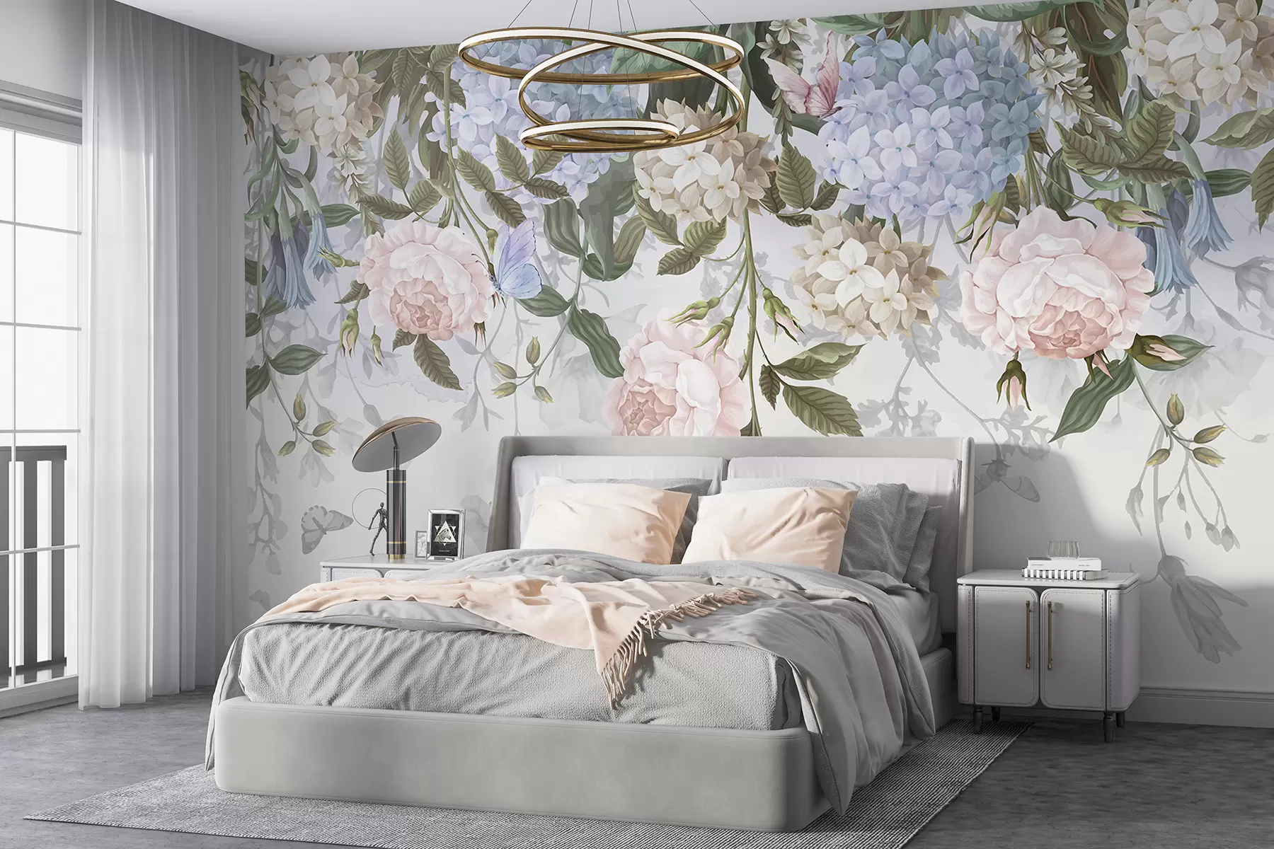 murales de pared Delicado estampado floral con rosas de color rosa pastel, hortensias blancas y hojas verdes sobre un fondo claro. w08240