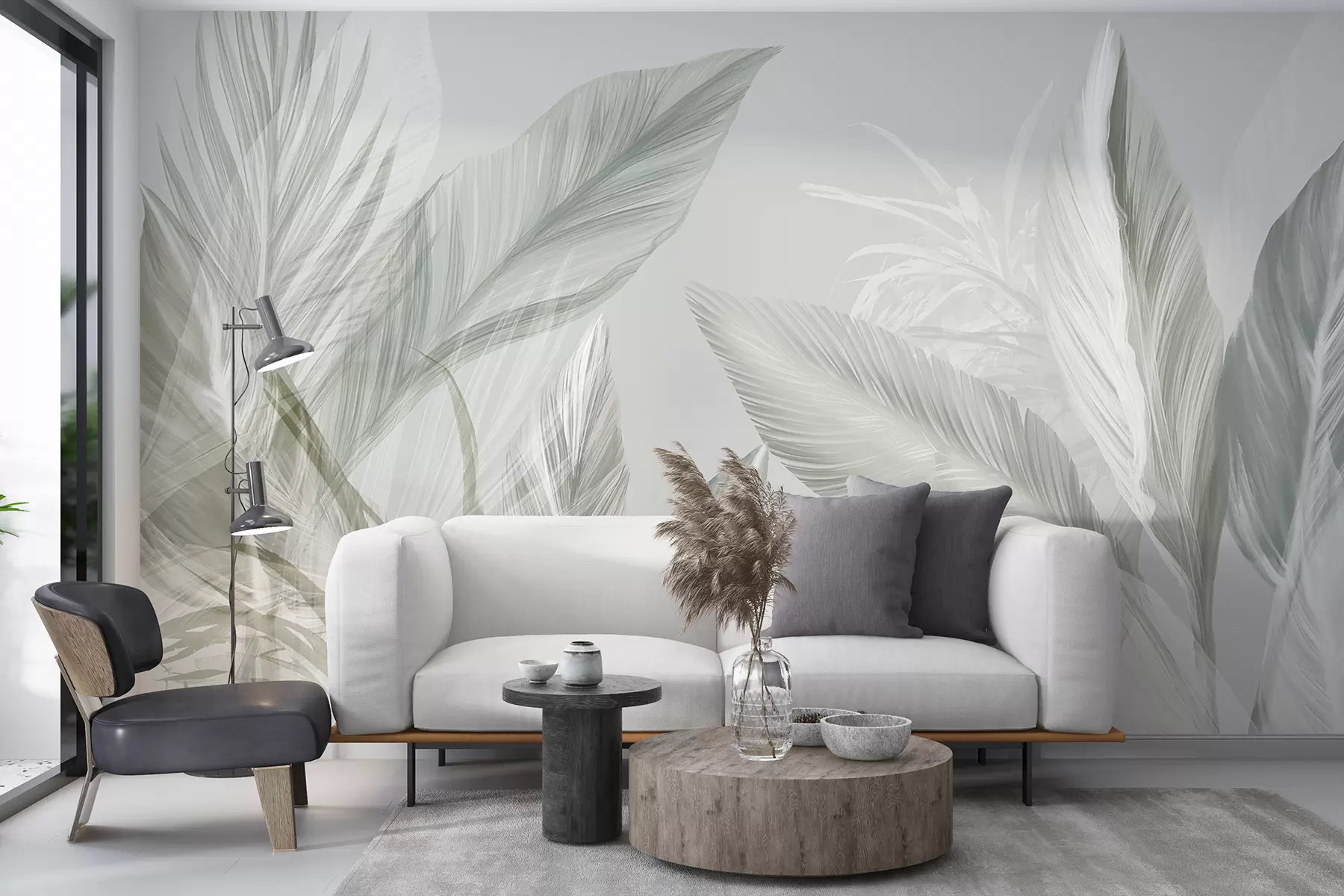 murales de pared Suaves plumas blancas, verdes y grises y hojas tropicales flotando sobre un fondo claro. w08241